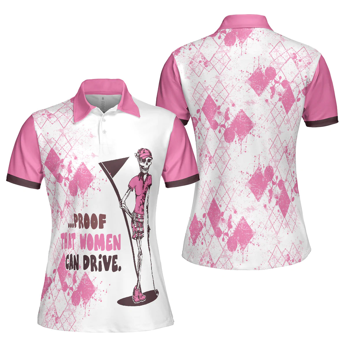 Golf Women Polo Shirt, Mrs. Bones Pink Argyle Pattern Women Polo Shirt, Best Golfing Gift For Ladies, Golfers, Golf Lovers, Proof That Women Can Drive - Amzanimalsgift