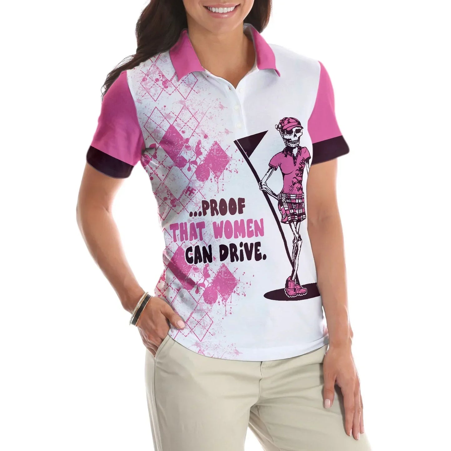 Golf Women Polo Shirt, Mrs. Bones Pink Argyle Pattern Women Polo Shirt, Best Golfing Gift For Ladies, Golfers, Golf Lovers, Proof That Women Can Drive - Amzanimalsgift