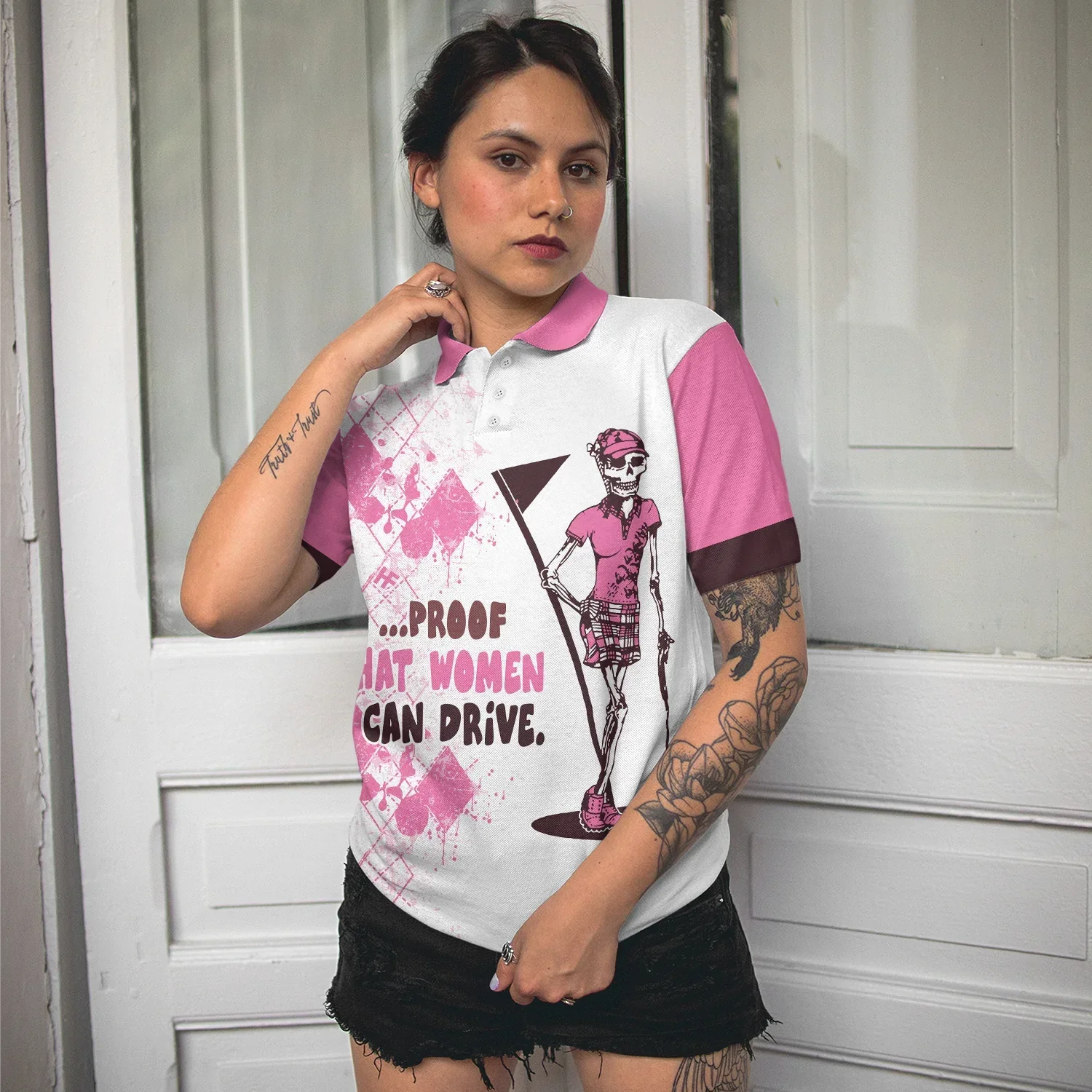 Golf Women Polo Shirt, Mrs. Bones Pink Argyle Pattern Women Polo Shirt, Best Golfing Gift For Ladies, Golfers, Golf Lovers, Proof That Women Can Drive - Amzanimalsgift
