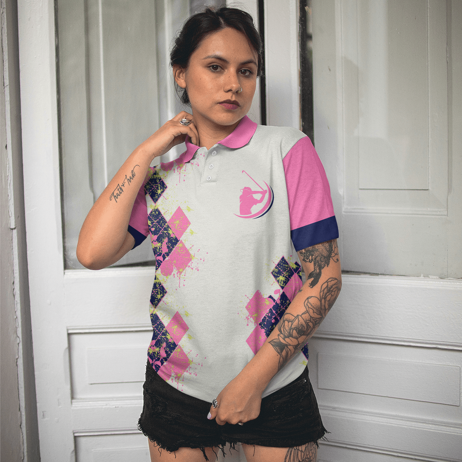 Golf Women Polo Shirt, Pink And Navy Argyle Pattern Golf Women Polo Shirts, Golfing Gift For Ladies, Golfers- I Know I Play Like A Girl Try To Keep Up - Amzanimalsgift