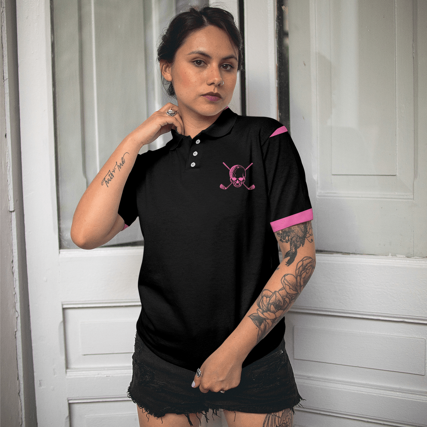 Golf Women Polo Shirt, Pink Skull Black Women Polo Shirts, Simple Golf Shirt Design Gift For Female Golfers, Ladies, Golf Lovers - Amzanimalsgift