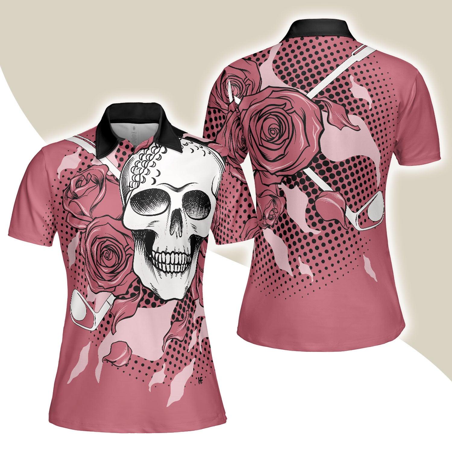 Golf Women Polo Shirt, Pink Skull Ladies Rose Women Polo Shirts, Cool Gift For Female Golfers, Ladies, Golf Lovers - Amzanimalsgift