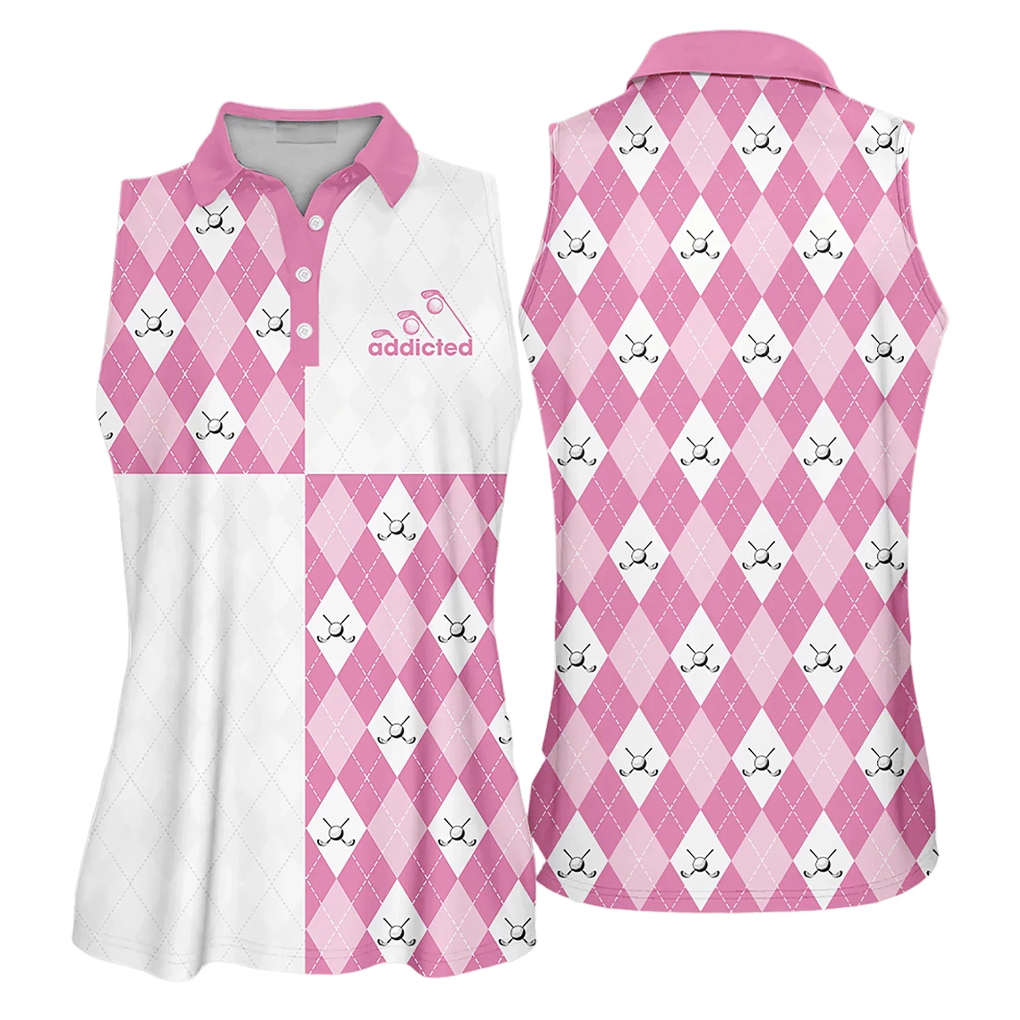 Golf Women Polo Shirt, Pink White Argyle Pattern Dry Fit Women Polo Shirt - Gift For Golfers, Female, Golf Lovers, Mother's Day - Amzanimalsgift