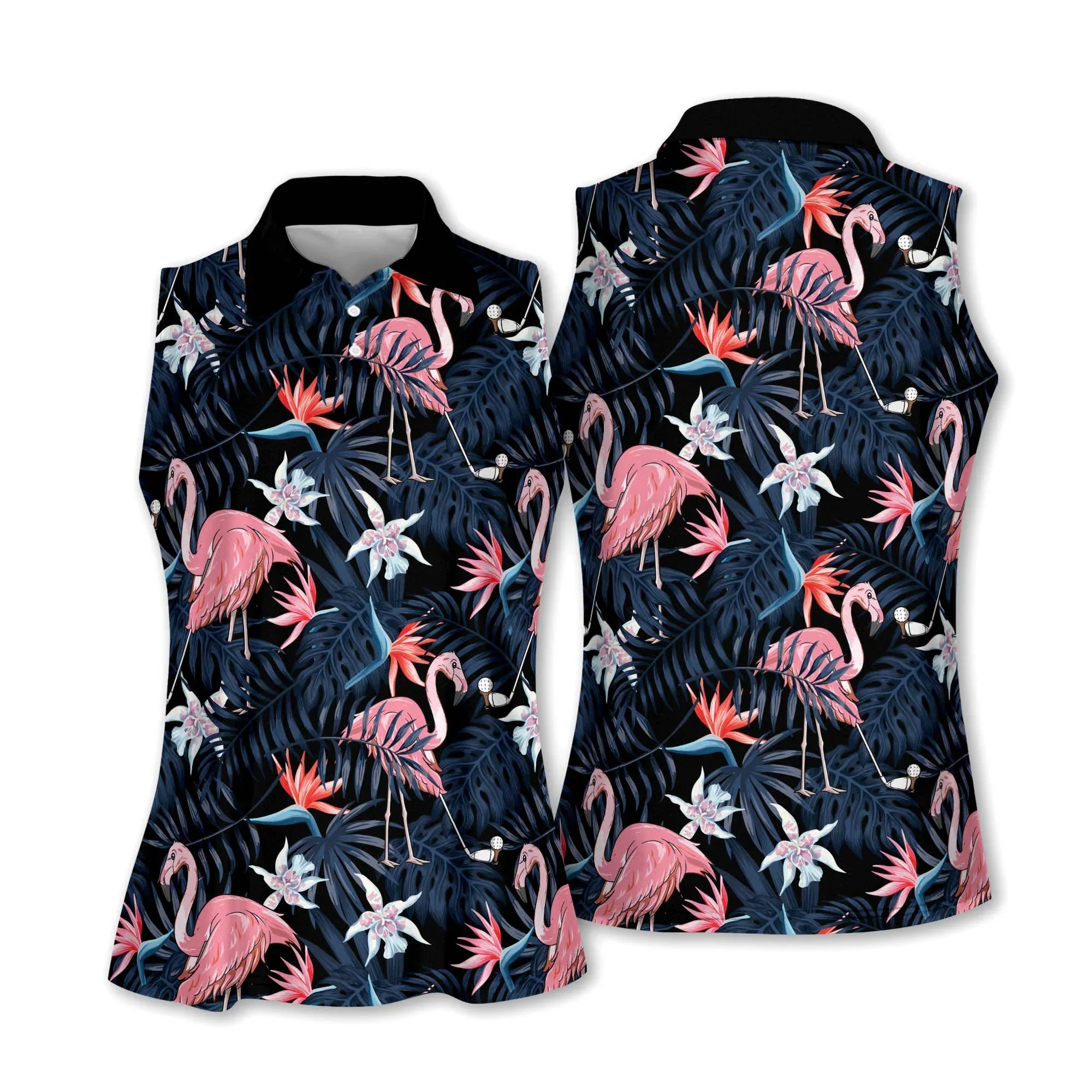 Golf Women Polo Shirt, Seamless Tropical Leaves Flower Flamingo Pattern Women Polo Shirt - Gift For Mother's Day, Golfer, Female, Golf Lover - Amzanimalsgift