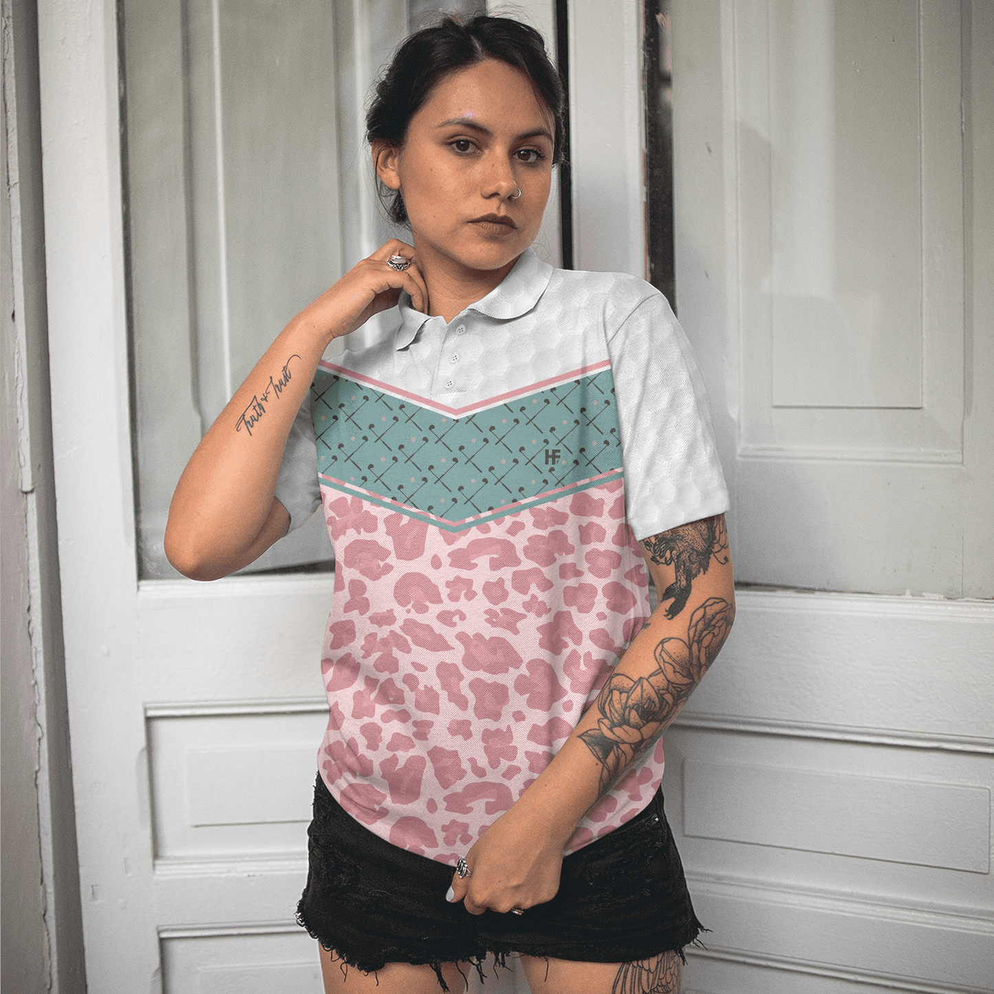 Golf Women Polo Shirt, Striped Golf Clubs Seamless Pattern Leopard Women Polo Shirts, Best Gift For Ladies, Golfers, Golf Lovers - Amzanimalsgift