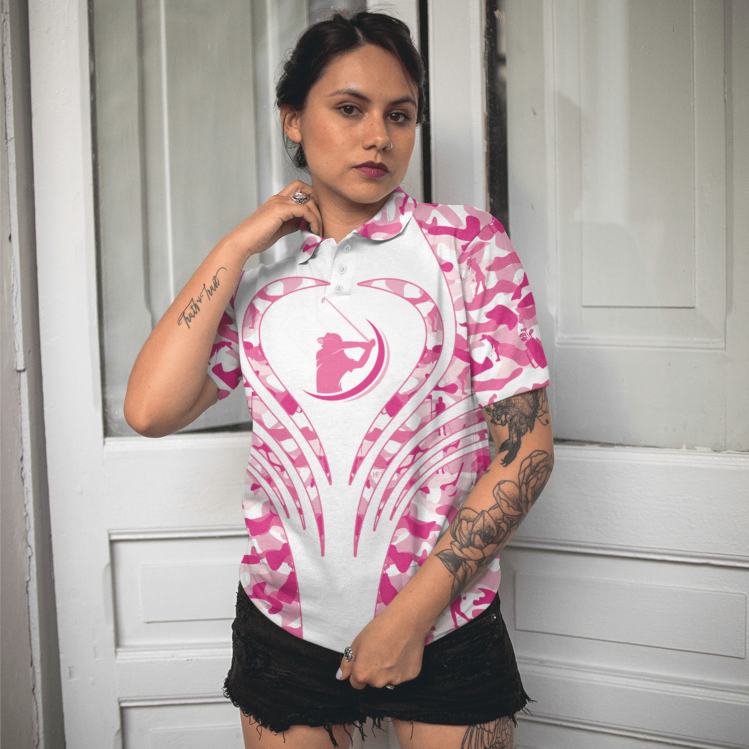 Golf Women Polo Shirt - White Pink Camouflage Thinning Layout Women Polo Shirt, Best Golf Shirt For Golfers - Perfect Gift For Women, Golf Lover - Amzanimalsgift