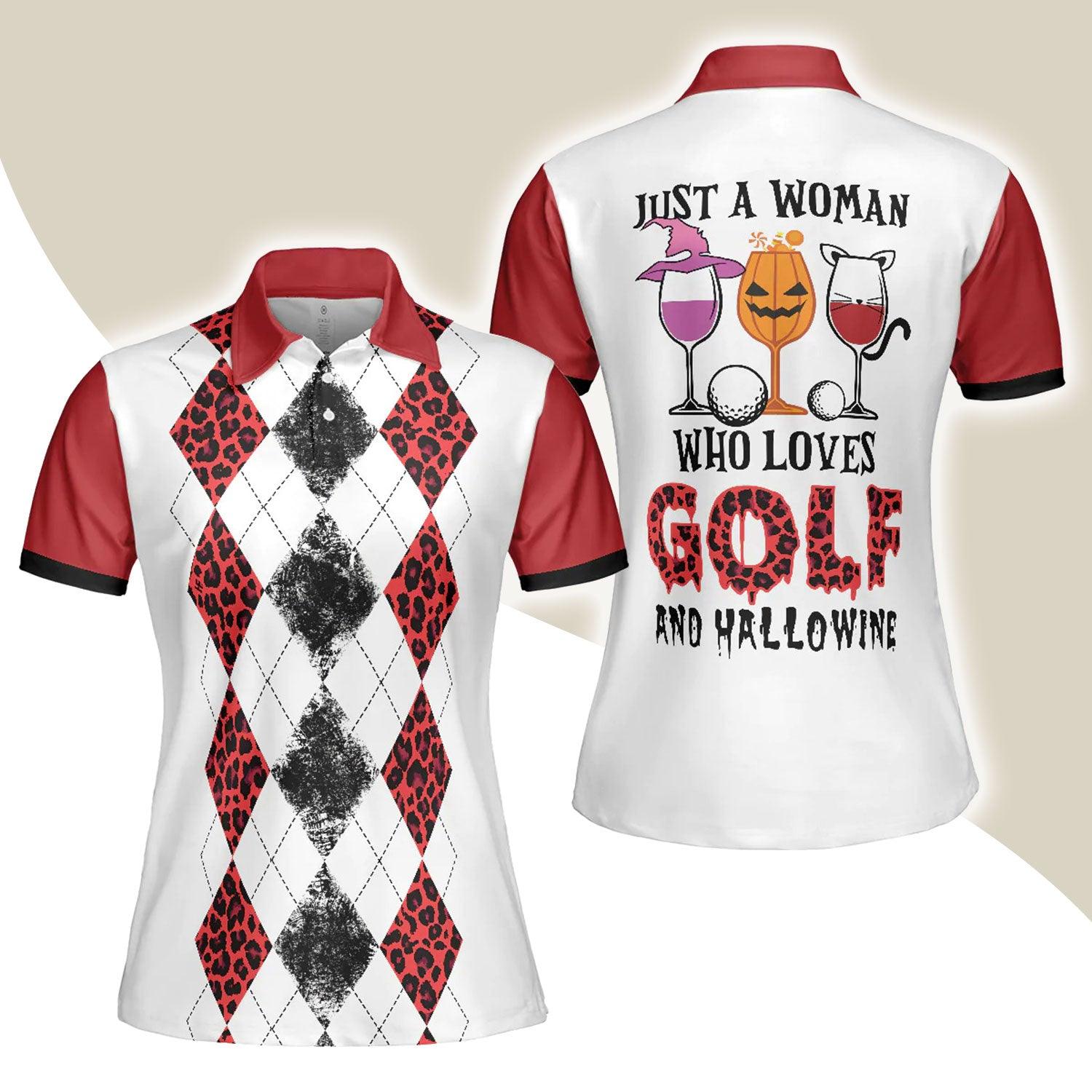 Golf Women Polo Shirt, White Red Leopard Argyle Pattern Wine Halloween Women Polo Shirts, Gift For Golfers, Just A Woman Who Loves Golf And Hallowine - Amzanimalsgift
