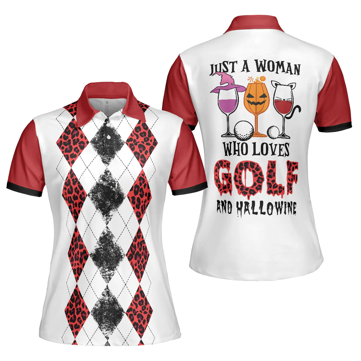 Golf Women Polo Shirt, White Red Leopard Argyle Pattern Wine Halloween Women Polo Shirts, Gift For Golfers, Just A Woman Who Loves Golf And Hallowine - Amzanimalsgift