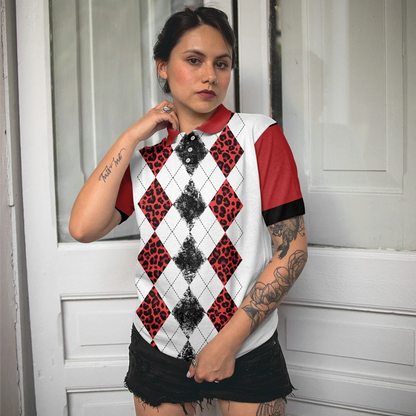 Golf Women Polo Shirt, White Red Leopard Argyle Pattern Wine Halloween Women Polo Shirts, Gift For Golfers, Just A Woman Who Loves Golf And Hallowine - Amzanimalsgift