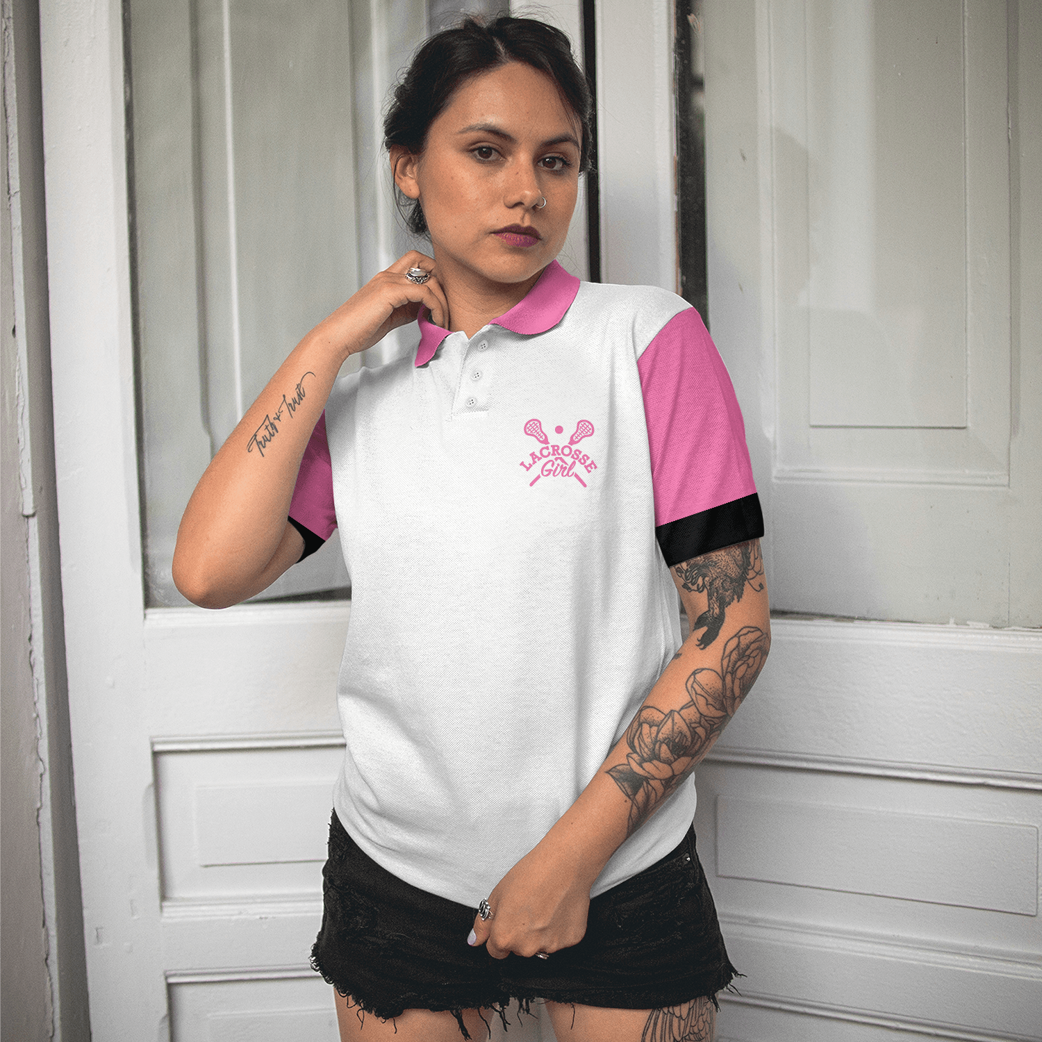 Golf Women Polo Shirts - Pink White Yes I Play Like A Girl Need A Lesson Lacrosse Polo Shirts - Perfect Gift For Women, Golfers, Golf Lover - Amzanimalsgift