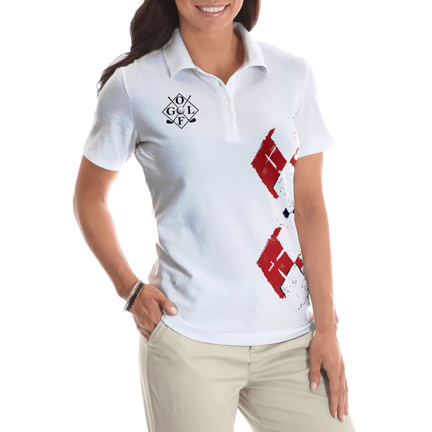 Golf Women Polo Shirts - Red White Blue Argyle Pattern The 19th Hole Golf Women Polo Shirt - Perfect Gift For Women, Golfers, Golf Lover - Amzanimalsgift