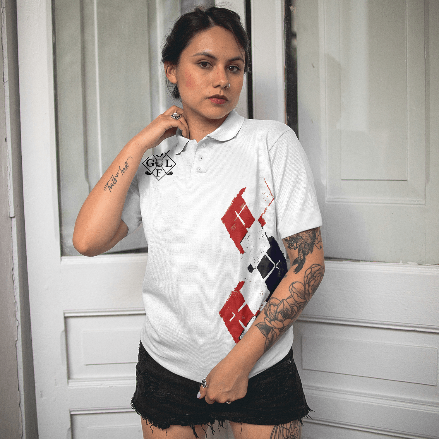 Golf Women Polo Shirts - Red White Blue Argyle Pattern The 19th Hole Golf Women Polo Shirt - Perfect Gift For Women, Golfers, Golf Lover - Amzanimalsgift