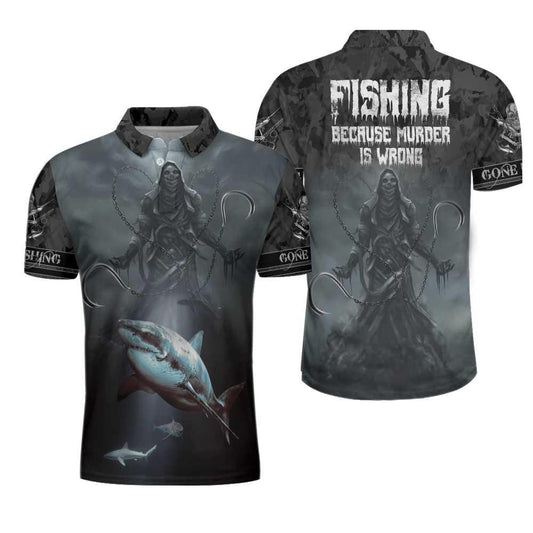 Gone Fishing Reaper Men Polo Shirt, Fishing Because Murder Is Wrong Polo Shirt, Crazy Fishing Shirt For Men, Gift For Fishing - Amzanimalsgift