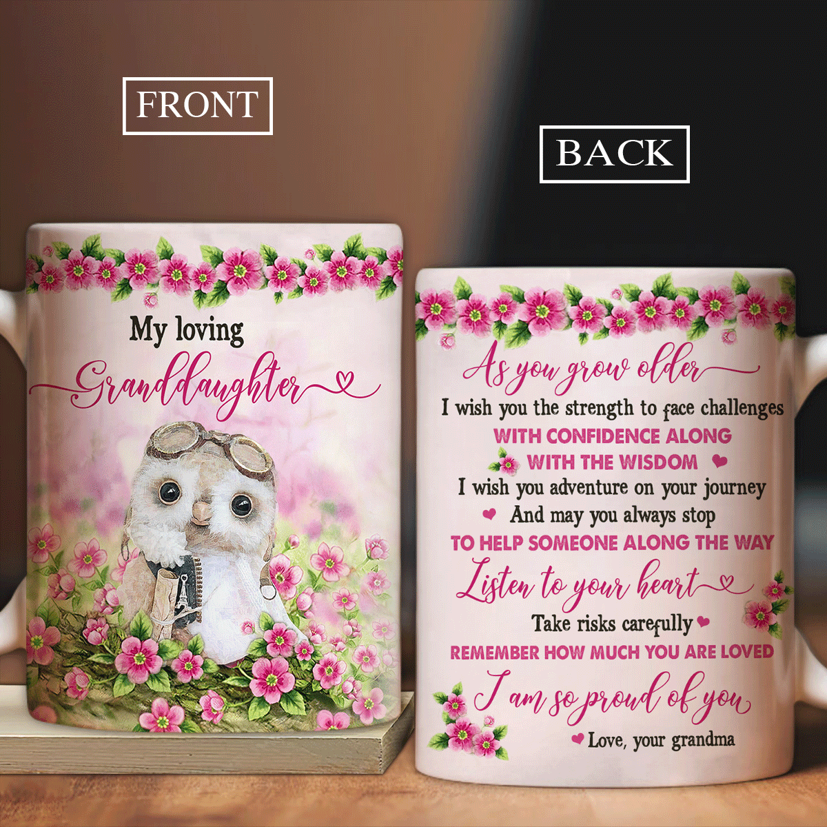 Granddaughter Mug, Family Aop Mug, Perfect Gift For Granddaughter From Grandma - Owl Drawing Coffee Mug, Pink Flower Mug, I'm So Proud Of You Mug - Amzanimalsgift