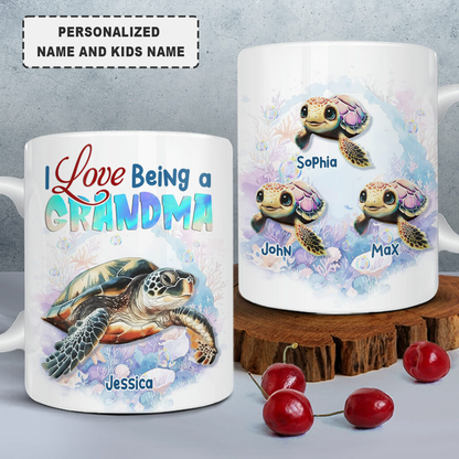 Grandma Turtle Coffee Mug Customized Name And Kids Name I Love Being A Grandma, Best Christmas Mug Gift Idea For Grandma