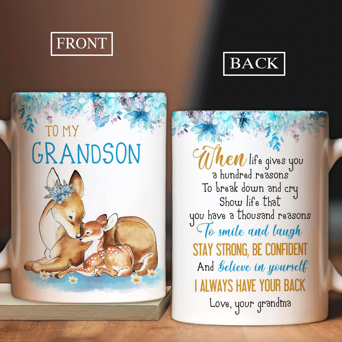 Grandson Coffee Mug, Family AOP Mug, Perfect Gift For Grandson From Grandma, Grandpa - Deer Drawing Coffee Mug, I Always Have Your Back Mug - Amzanimalsgift