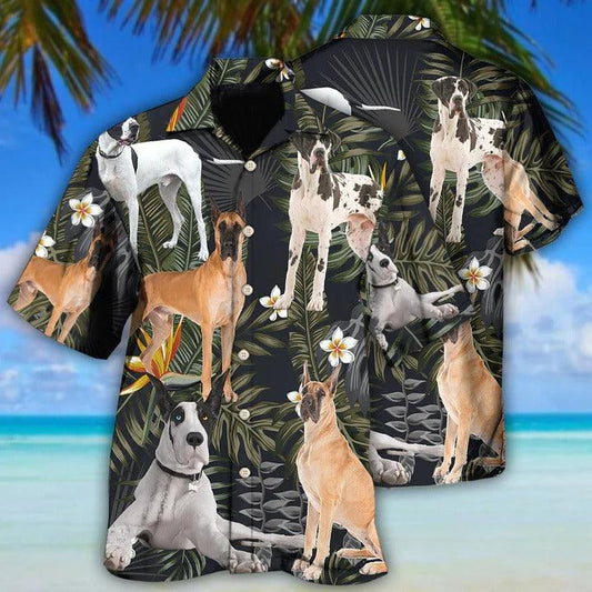 Great Dane Aloha Hawaii Shirt - Dog Tropical Leaf Black Style Hawaiian Shirt For Summer - Perfect Gift For Dog Lovers, Friend, Family - Amzanimalsgift