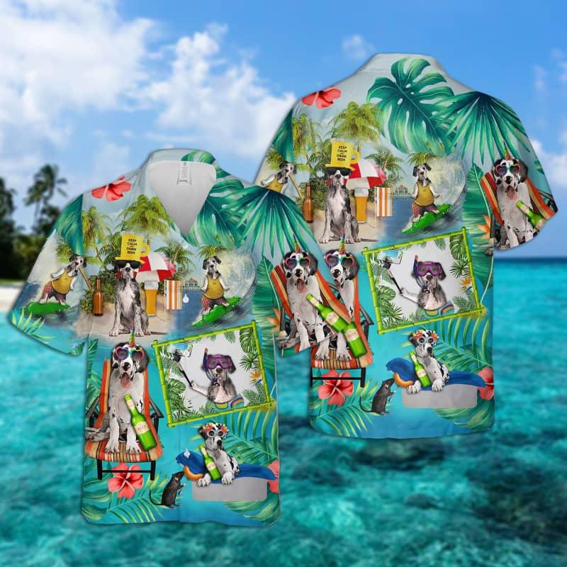 Great Dane Hawaiian Shirt, Dog Surfing, Tropical Summer Aloha Shirt For Men - Perfect Gift For Great Dane Lovers, Husband, Boyfriend, Friend, Family - Amzanimalsgift
