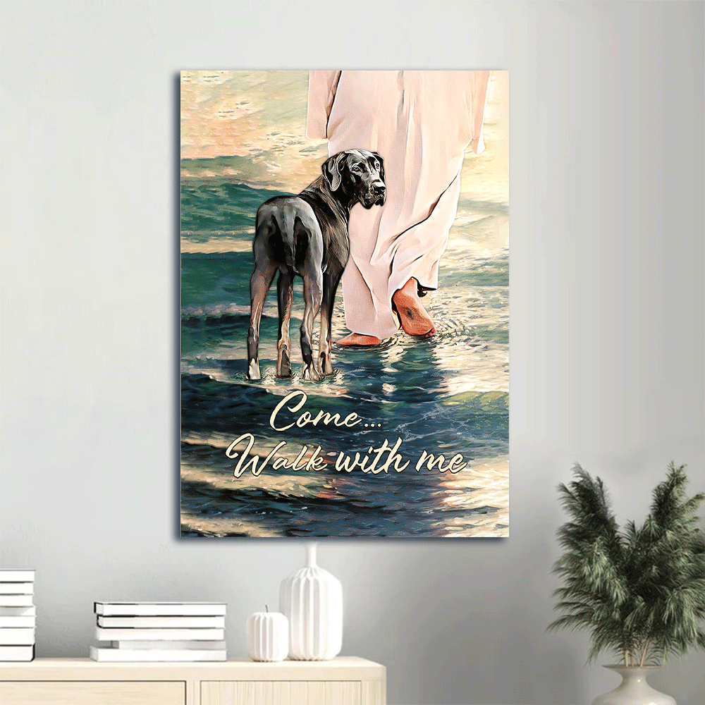 Great Dane Portrait Canvas- Great Dane, On the river, Jesus Painting, Walks with God - Jesus Portrait Canvas - Gift for Christian, Dog lover - Amzanimalsgift