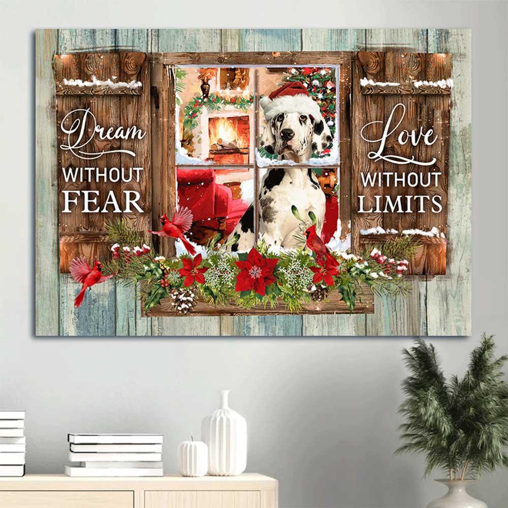 Great Dane Premium Wrapped Landscape Canvas - Great Dane, Through The Window, Christmas, Dream Without Fear, Love Without limits - Gift For Dog Lovers - Amzanimalsgift