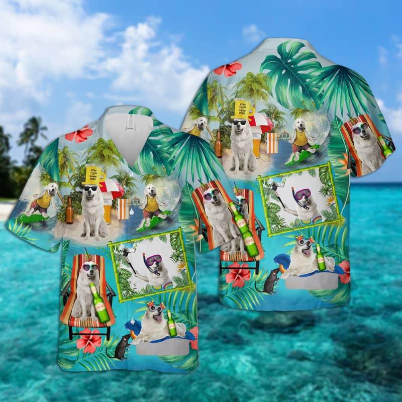 Great Pyrenees Hawaiian Shirt, Dog Surfing, Tropical Summer Aloha Shirt For Men - Perfect Gift For Great Pyrenees Lovers, Friend, Family - Amzanimalsgift