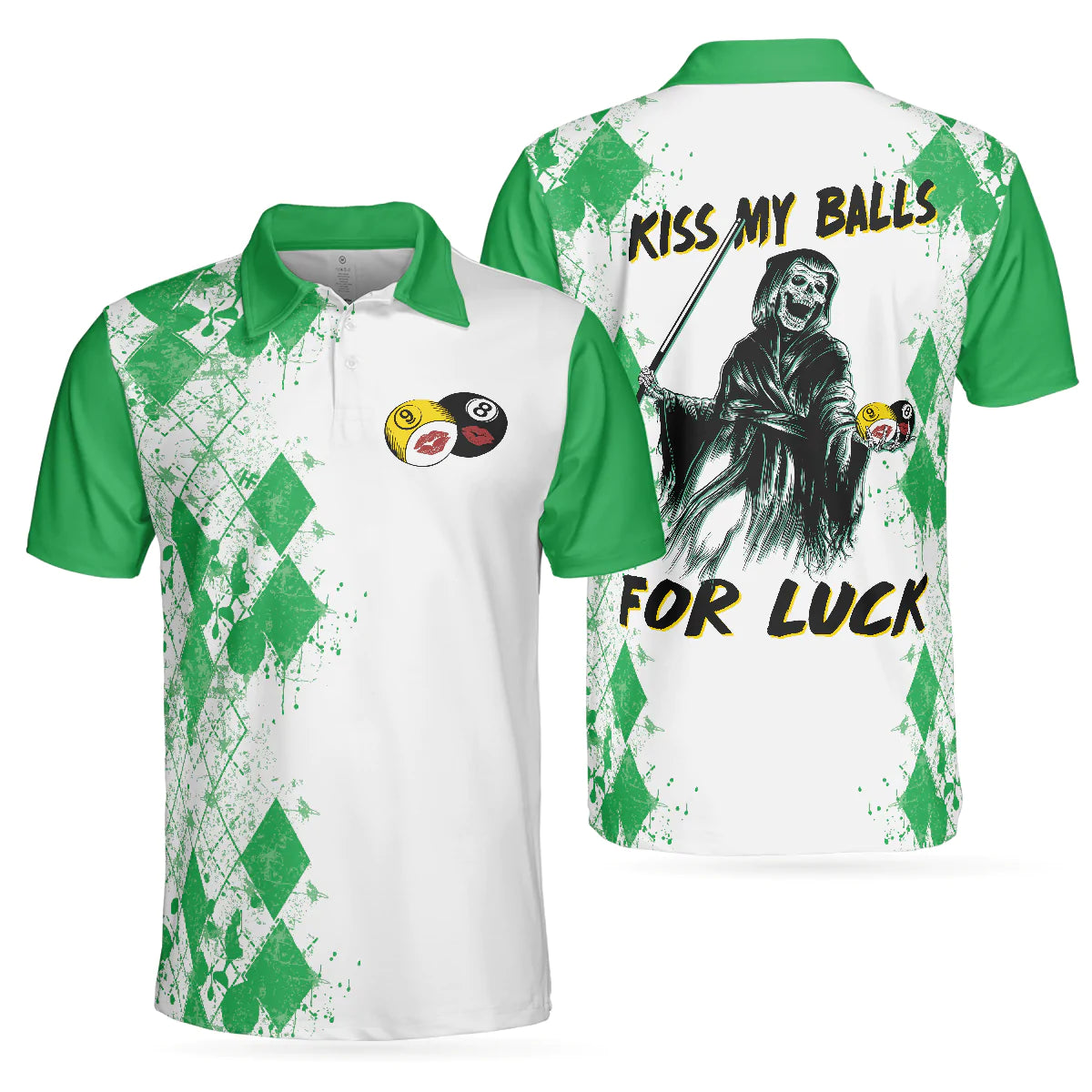 Green Argyle Pattern Billiards Men Polo Shirt, Kiss My Balls For Luck Death Polo Shirt, Polo Style Billiards Shirt For Male, Gift For Billiard Lovers - Amzanimalsgift