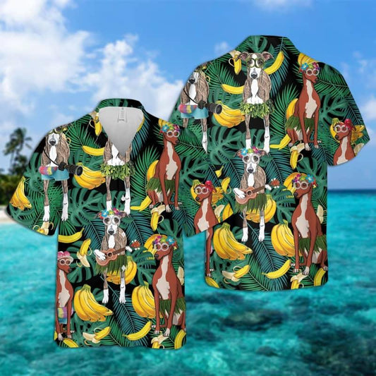 Greyhound Hawaiian Shirt, Tropical Leaves Hawaiian Shirt For Men - Perfect Gift For Greyhound Lovers, Husband, Boyfriend, Friend, Family - Amzanimalsgift