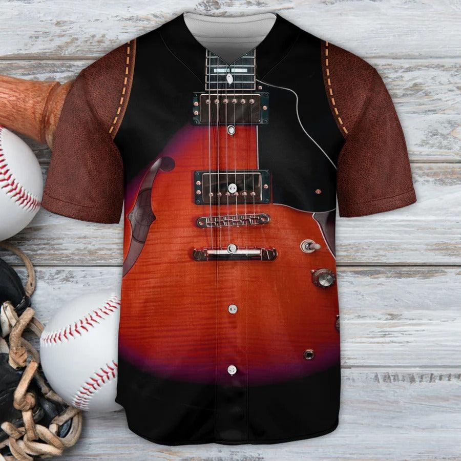 Guitar Baseball Jersey, Guitar Red Leather Style Vintage Vibe Baseball Jersey For Men And Women - Perfect Gift For Guitar Lovers, Music Lovers - Amzanimalsgift
