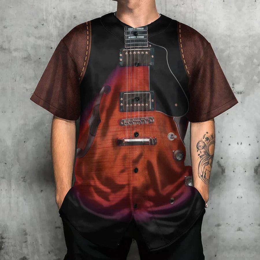 Guitar Baseball Jersey, Guitar Red Leather Style Vintage Vibe Baseball Jersey For Men And Women - Perfect Gift For Guitar Lovers, Music Lovers - Amzanimalsgift