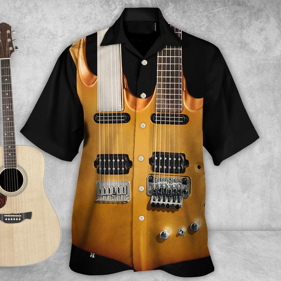Guitar Black Aloha Hawaiian Shirt For Summer, Electric Guitar Double Hawaiian Shirts Outfit For Men Women, Music Guitar Lovers - Amzanimalsgift