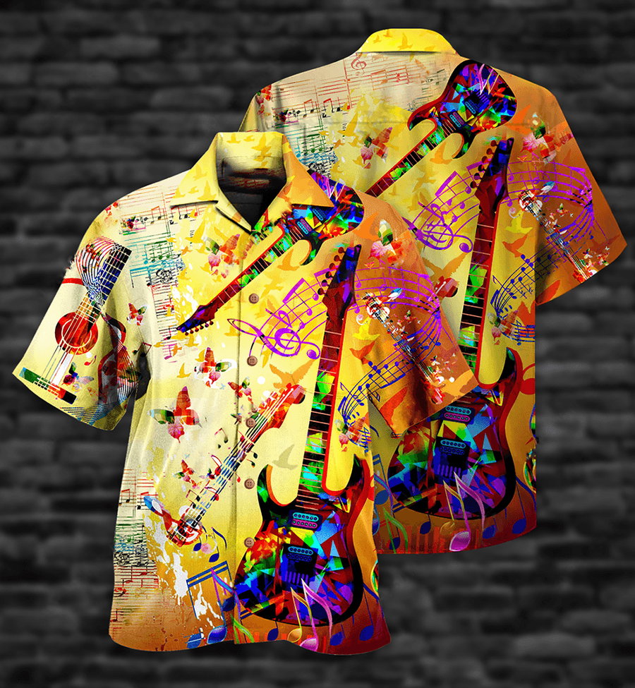Guitar Butterfly Colorful Aloha Hawaiian Shirt For Summer, Guitar Music Hawaiian Shirts Outfit For Men Women, Music Guitar Lovers - Amzanimalsgift