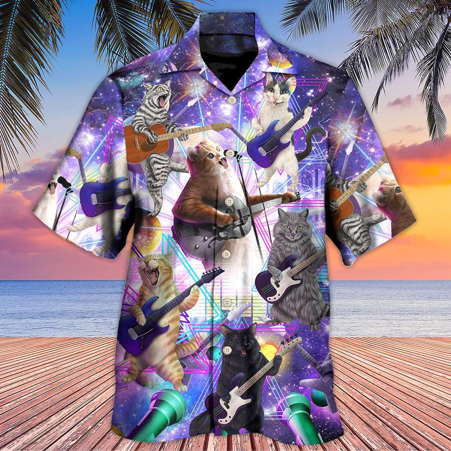 Guitar Cat Aloha Hawaiian Shirt For Summer, Guitar Music Cat Playing Guitar And Galaxy Hawaiian Shirts Outfit For Men Women, Music Guitar Lovers - Amzanimalsgift