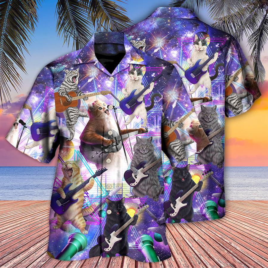 Guitar Cat Aloha Hawaiian Shirt For Summer, Guitar Music Cat Playing Guitar And Galaxy Hawaiian Shirts Outfit For Men Women, Music Guitar Lovers - Amzanimalsgift