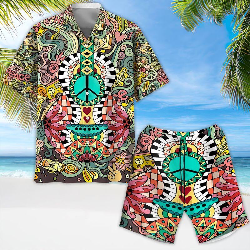 Guitar Hippie Aloha Hawaiian Shirts For Summer, Hippie Peace Music Style Hawaiian Set For Men Women, Best Gift For Friend, Hippie Lovers, Guitarist - Amzanimalsgift