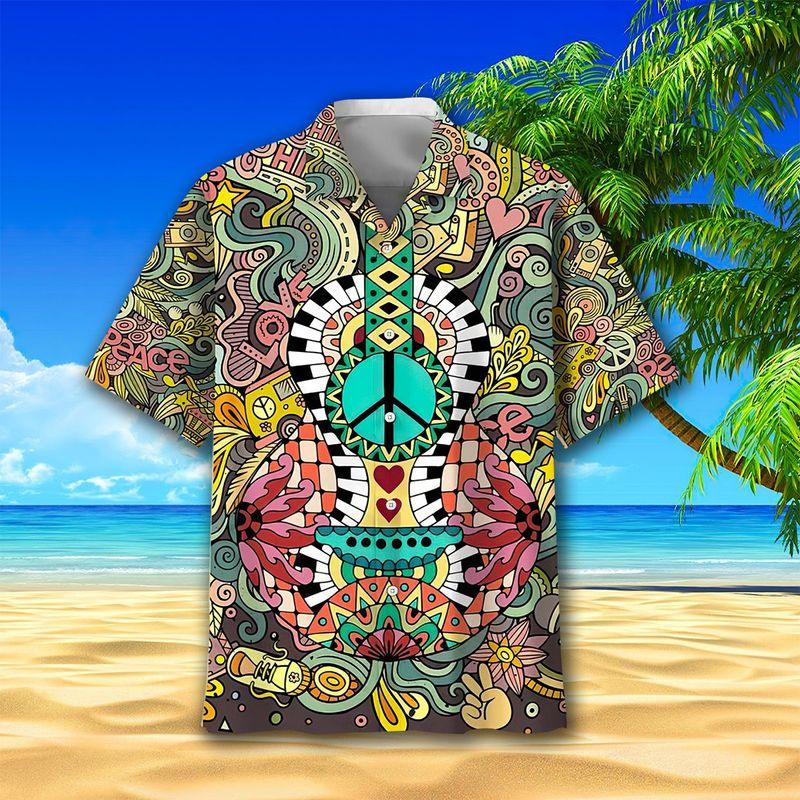 Guitar Hippie Aloha Hawaiian Shirts For Summer, Hippie Peace Music Style Hawaiian Set For Men Women, Best Gift For Friend, Hippie Lovers, Guitarist - Amzanimalsgift