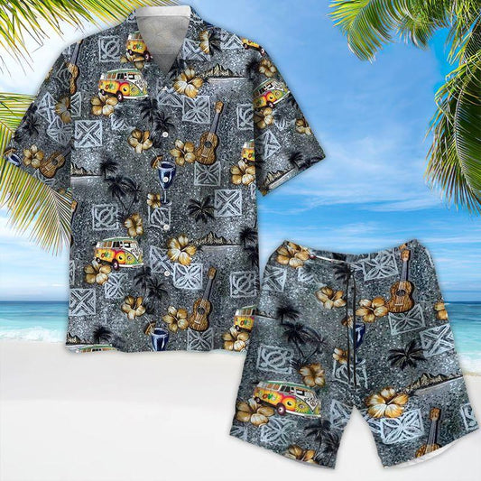 Guitar Hippie Bus Aloha Hawaiian Shirts For Summer, Hibiscus Pattern Hawaiian Set For Men Women, Gift For Friend, Guitarist, Guitar Music Lovers - Amzanimalsgift