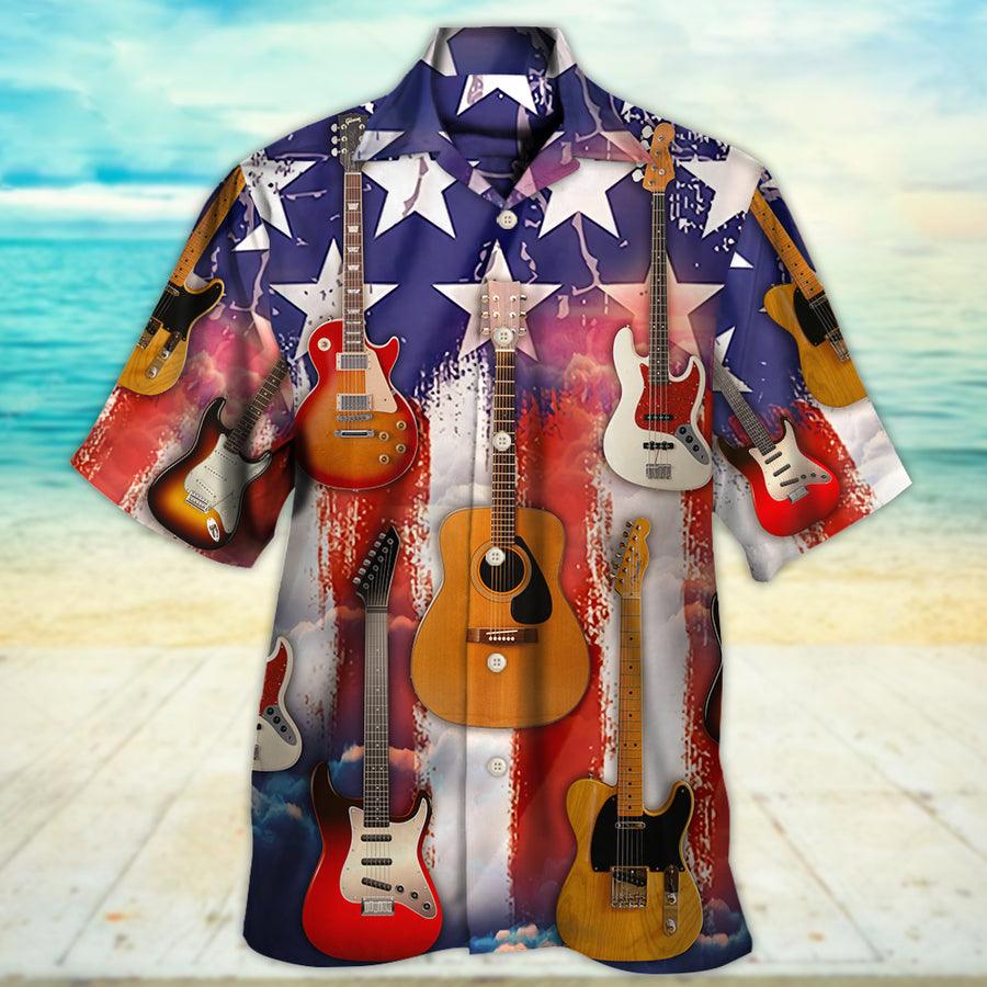 Guitar Independence Day Star American Flag Aloha Hawaiian Shirt For Summer, Guitar Hawaiian Shirts Matching Outfit For Men Women, Music Guitar Lovers - Amzanimalsgift