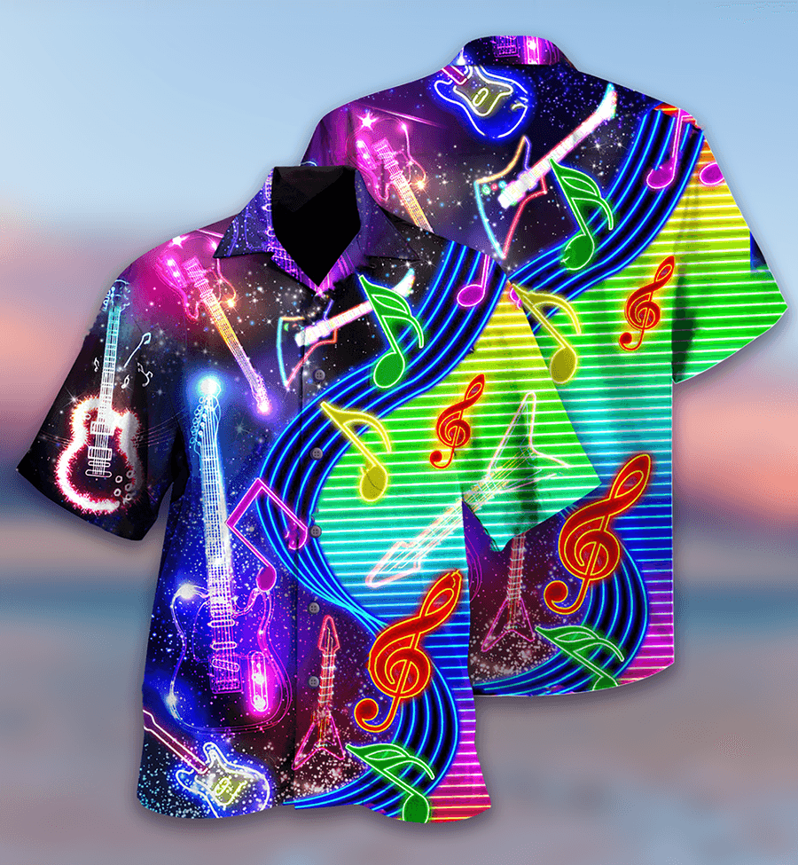 Guitar Light Neon Aloha Hawaiian Shirt For Summer, Colorful Guitar Hawaiian Shirts Matching Outfit For Men Women, Music Guitar Lovers - Amzanimalsgift