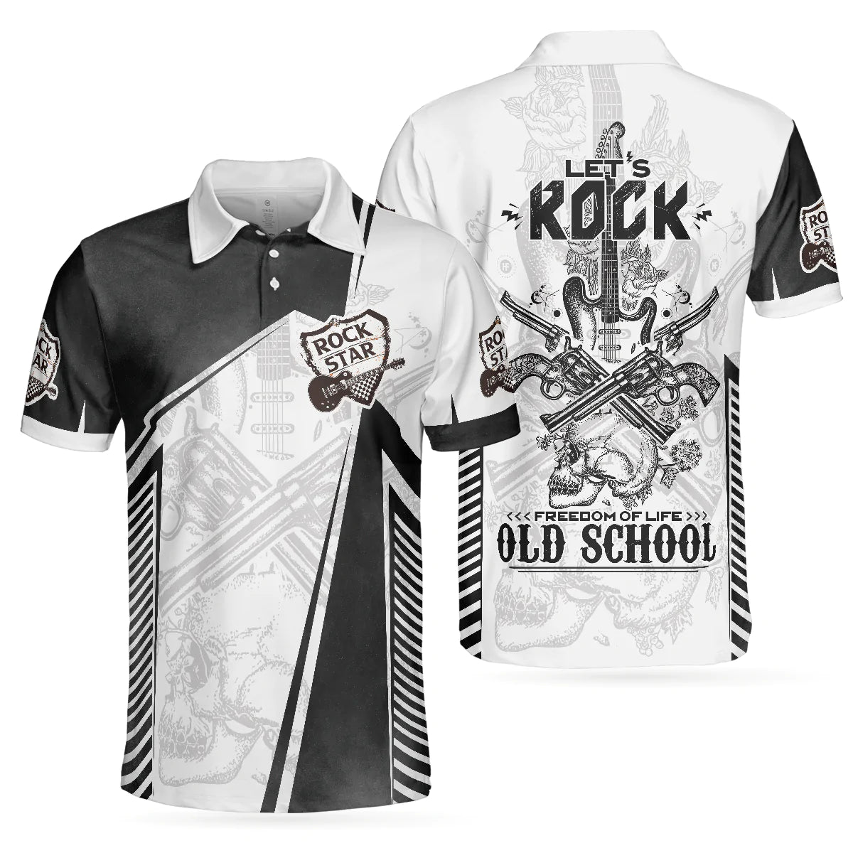 Guitar Men Polo Shirt, Black And White Guitar Polo Shirt, Let's Rock Freedom Of Life Old School Shirt For Men - Gift For Guitar Lovers, Music Lovers - Amzanimalsgift