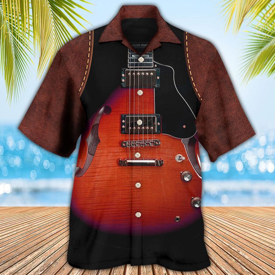 Guitar Red Vintage Leather Aloha Hawaiian Shirt For Summer, Guitar Hawaiian Shirts Matching Outfit For Men Women, Music Guitar Lover - Amzanimalsgift