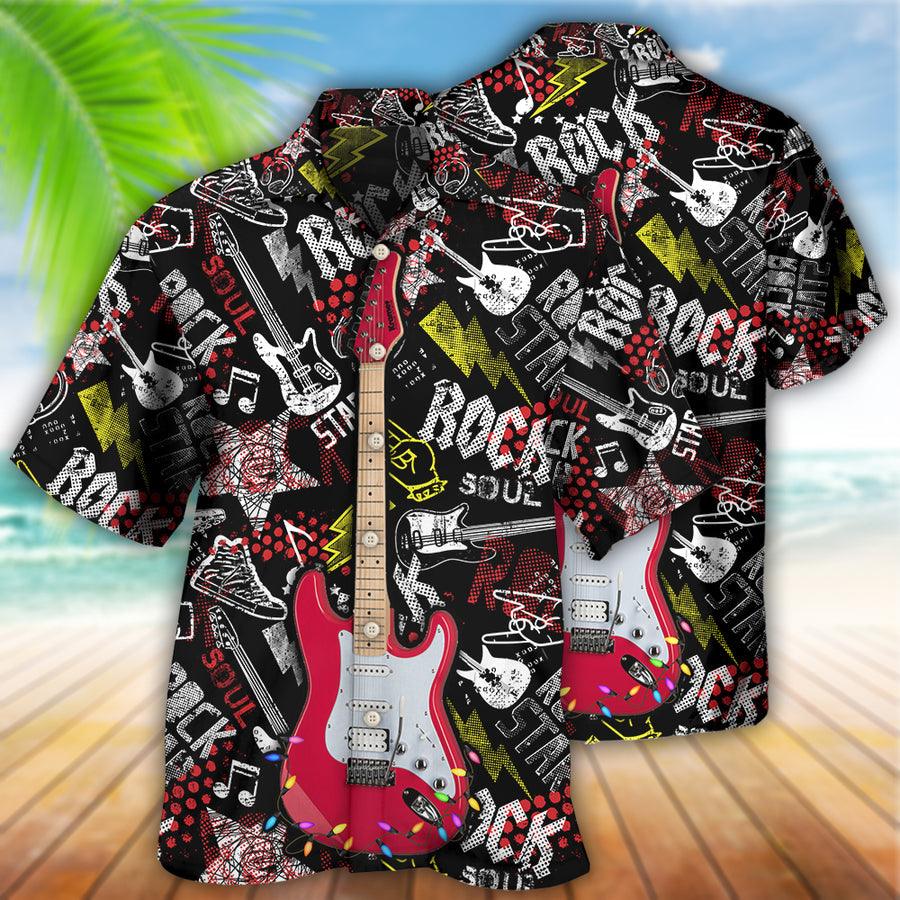 Guitar Rock Soul Merry Christmas Happy Aloha Hawaiian Shirt For Summer, Guitar Hawaiian Shirts Matching Outfit For Men Women, Music Guitar Lover - Amzanimalsgift