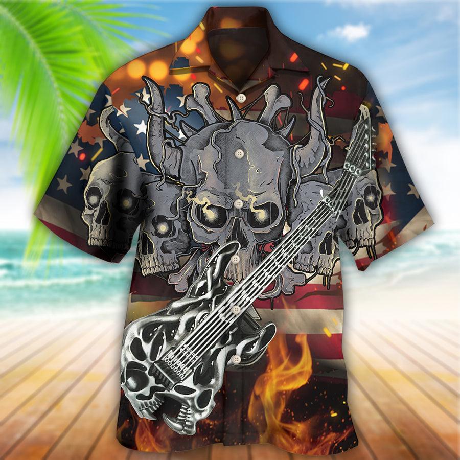 Guitar Skull Independence Day American Flag Aloha Hawaiian Shirt For Summer, Guitar Hawaiian Shirts Matching Outfit For Men Women, Music Guitar Lover - Amzanimalsgift