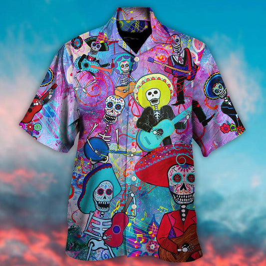 Guitar Sugar Skull Aloha Hawaiian Shirt For Summer, Guitar Day Of The Dead Calavera Hawaiian Shirts Outfit For Men Women, Music Guitar Lovers - Amzanimalsgift