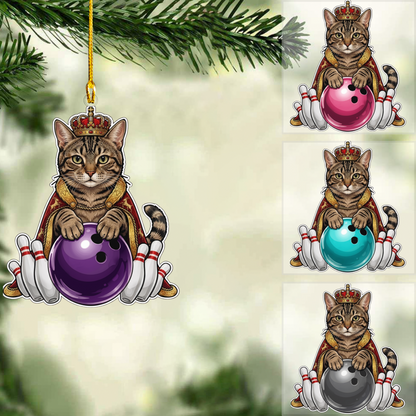 Personalized Bowling Christmas Ornament, King Cat Holding Bowling, Custom Ornament Christmas Gift, Keychain Bowling, Car Ornament Bowling