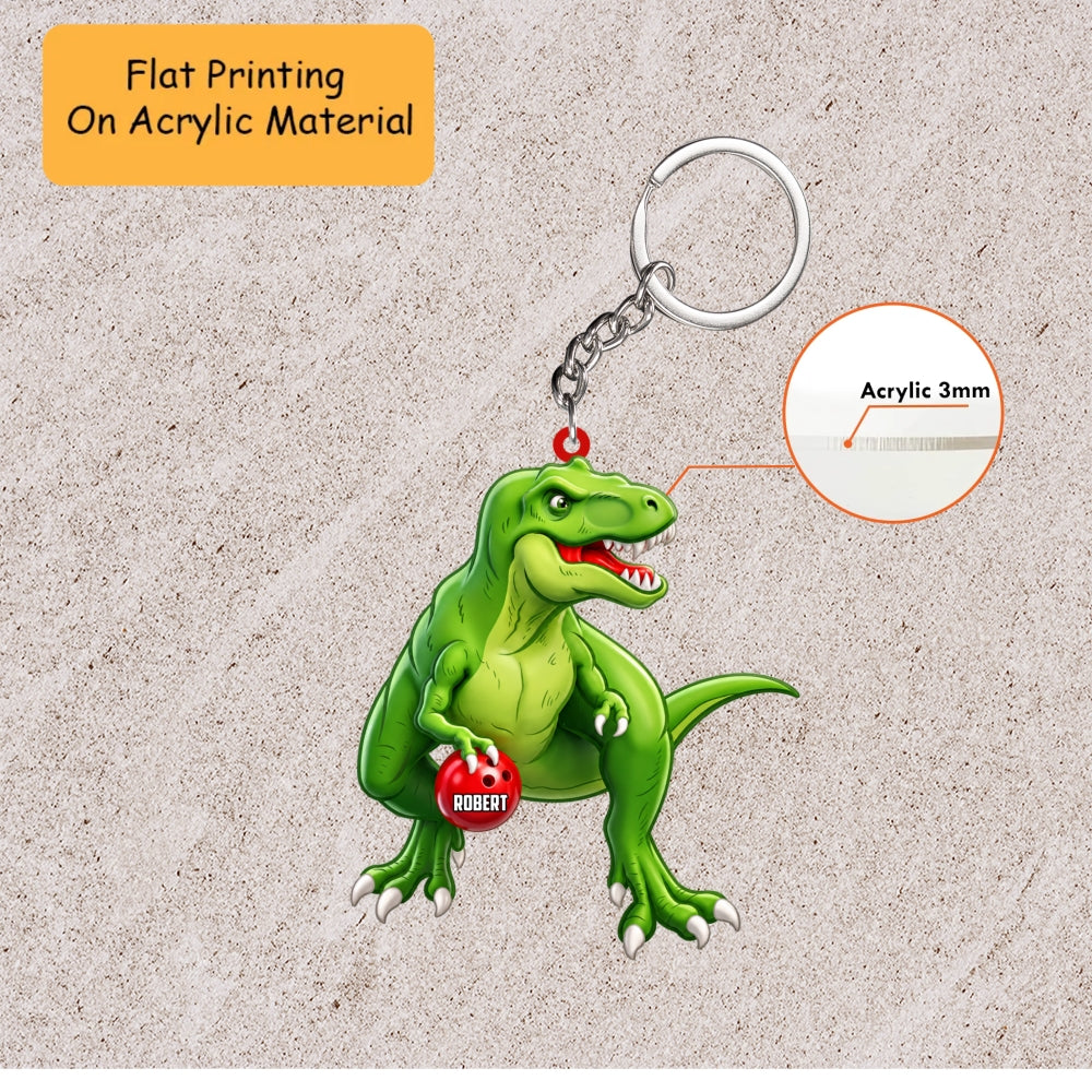 Personalized Dinosaur Bowler Christmas Ornament, Green T Rex Holding Bowling Ball, Custom Ornament Christmas Gift, Keychain Bowling, Car Ornament Bowling