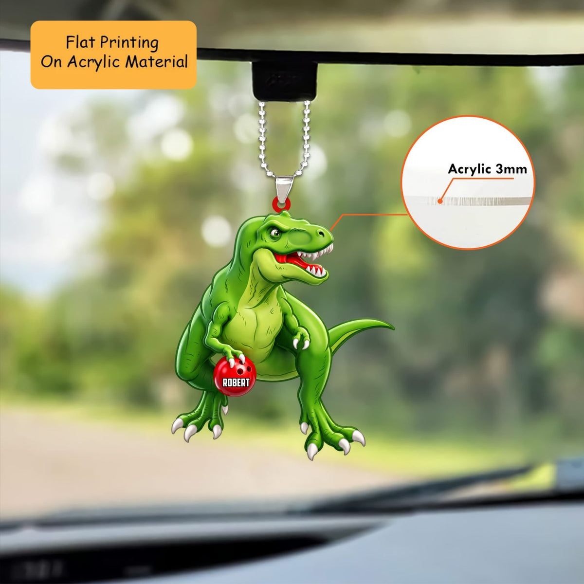 Personalized Dinosaur Bowler Christmas Ornament, Green T Rex Holding Bowling Ball, Custom Ornament Christmas Gift, Keychain Bowling, Car Ornament Bowling