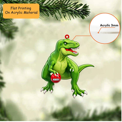 Personalized Dinosaur Bowler Christmas Ornament, Green T Rex Holding Bowling Ball, Custom Ornament Christmas Gift, Keychain Bowling, Car Ornament Bowling
