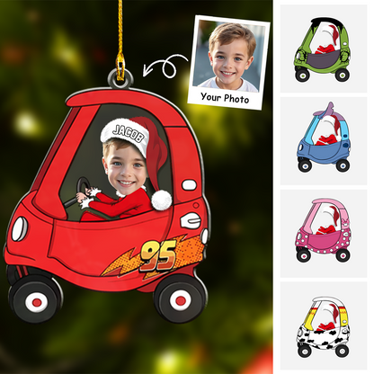 Personalized Photo Kid Driving Cartoon Car Flat Acrylic Ornament, Ornament Gifts For Son, Grandson, Daughter, Granddaughter