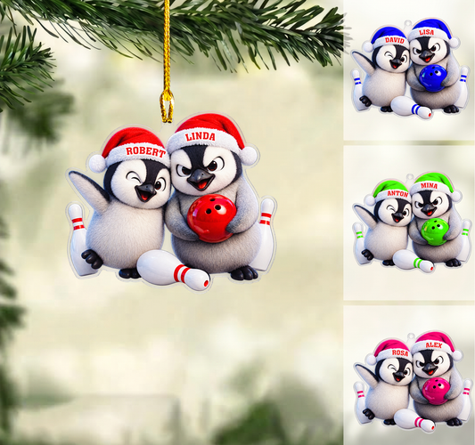 Personalized Bowling Duo Christmas Ornament, Funny Penguin Pair Matching Hats, Custom Ornament Christmas Gift, Keychain Bowling, Car Ornament Bowling