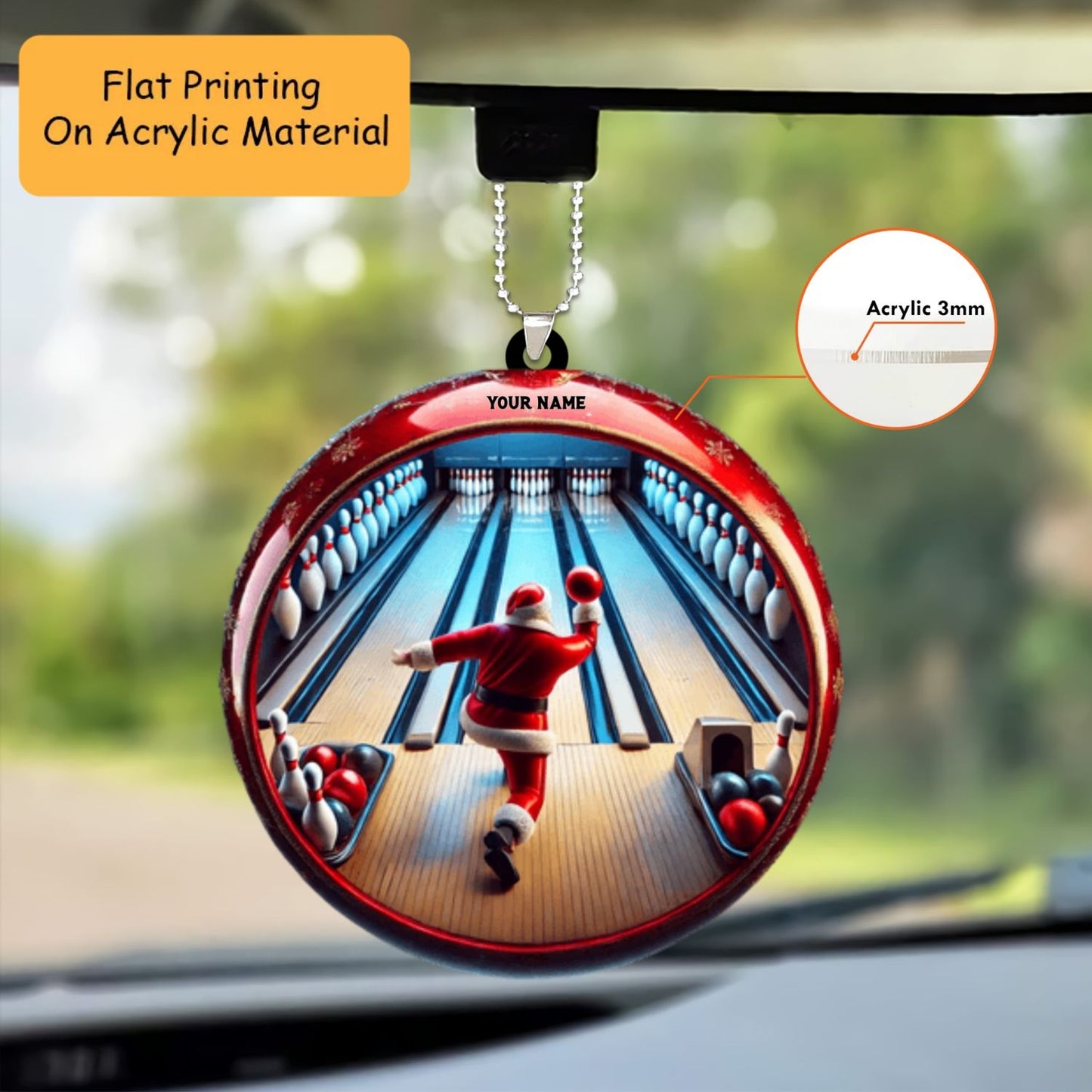 Personalized Bowling Santa Decor Acrylic Ornament, Bowling Christmas Keychain, Car Ornament, Christmas Ornament Gifts